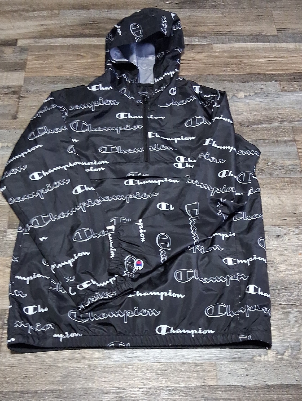 Champion Black All-Over Logo Windbreaker Hoodie